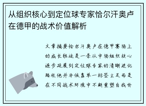 从组织核心到定位球专家恰尔汗奥卢在德甲的战术价值解析 从组织核心到定位球专家恰尔汗奥卢在德甲的战术价值解析